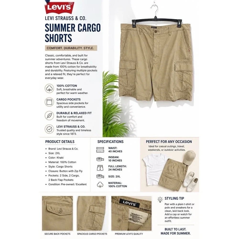 Levi's Men's Cargo Shorts 2XL 40W Khaki Cotton 10